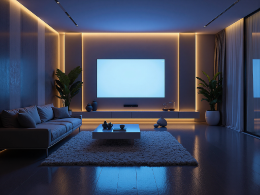 智能家居场景,现代化客厅,智能设备控制面板,温暖灯光,现代简约装修风格