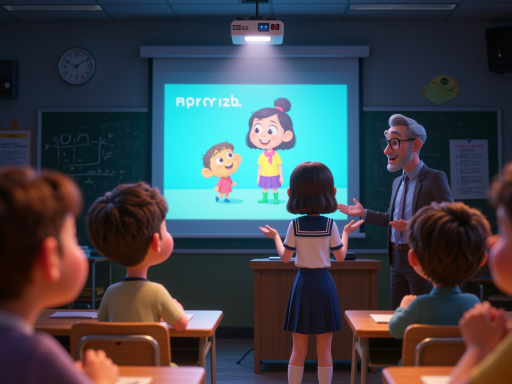 教育场景,学生使用平板电脑学习,教师在智能黑板前讲解,教室明亮温馨