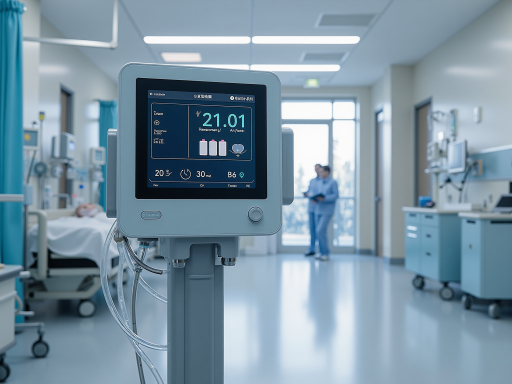 医疗健康场景,医生查看智能诊断系统,患者在医院环境中,现代医疗设备